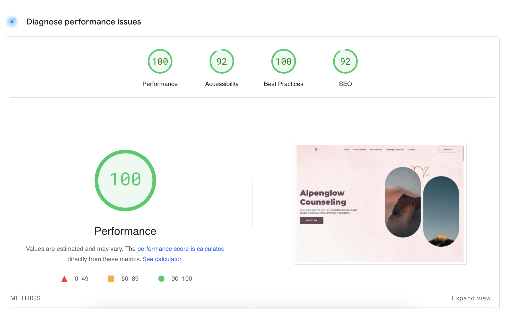 Photo of Alpenglow Counseling's google pagespeed performance metrics.